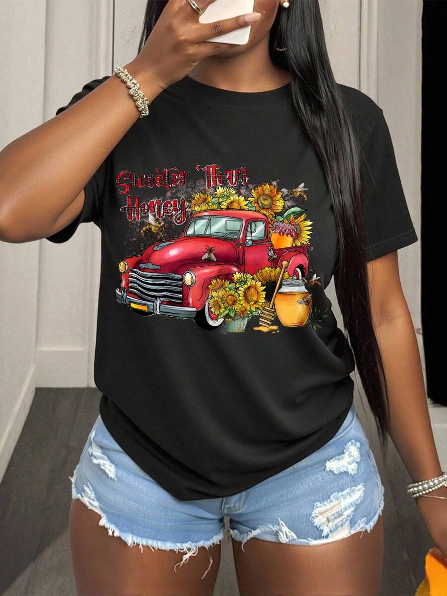 Sunflower Truck Honey Sweetie Farm Vintage Car Graphic Tee Summer Country Style Women's Casual Shirt - 黑色 - 查看 1