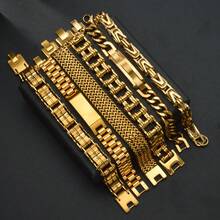 Fashionable Men Stainless Steel 18K Gold-Plated Geometric Cuban Bracelet Hip-Hop Style Suitable For Daily Gatherings Father Gifts Boyfriend Gifts - Gold - View 1