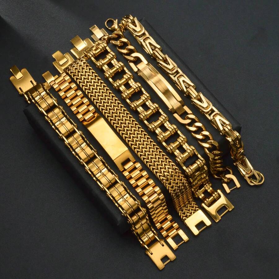 Fashionable Men Stainless Steel 18K Gold-Plated Geometric Cuban Bracelet Hip-Hop Style Suitable For Daily Gatherings Father Gifts Boyfriend Gifts - Gold - View 1