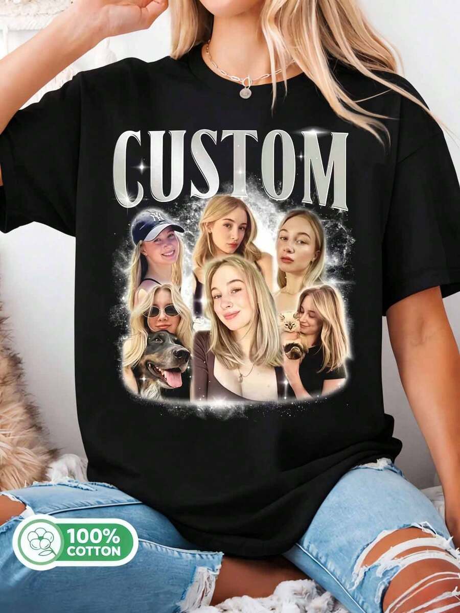 Personalized_Custom_Silver_Glow_Multi_Portrait_With_Pets_Retro_Bootleg_T-Shirt - 黑色 - 查看 1