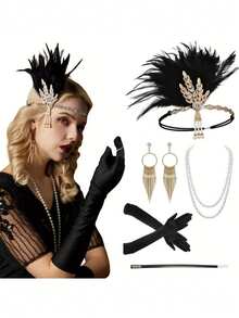1920年代 Flapper 風格服飾配件套裝，適用婚禮派對活動，含 20s Flapper 頭帶、復古珍珠項鍊、手套，復古風 - 彩色 - 查看 28