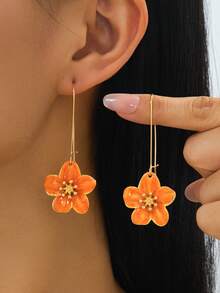 1 Pair Women's Niche Design Long Tie Dye White Enamel Flower Earrings, Summer Vacation Style, Commute And Beach Holiday Accessories - Orange - View 1