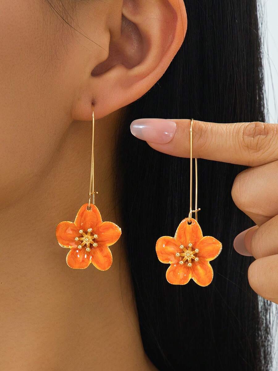 1 Pair Women's Niche Design Long Tie Dye White Enamel Flower Earrings, Summer Vacation Style, Commute And Beach Holiday Accessories - Orange - View 1