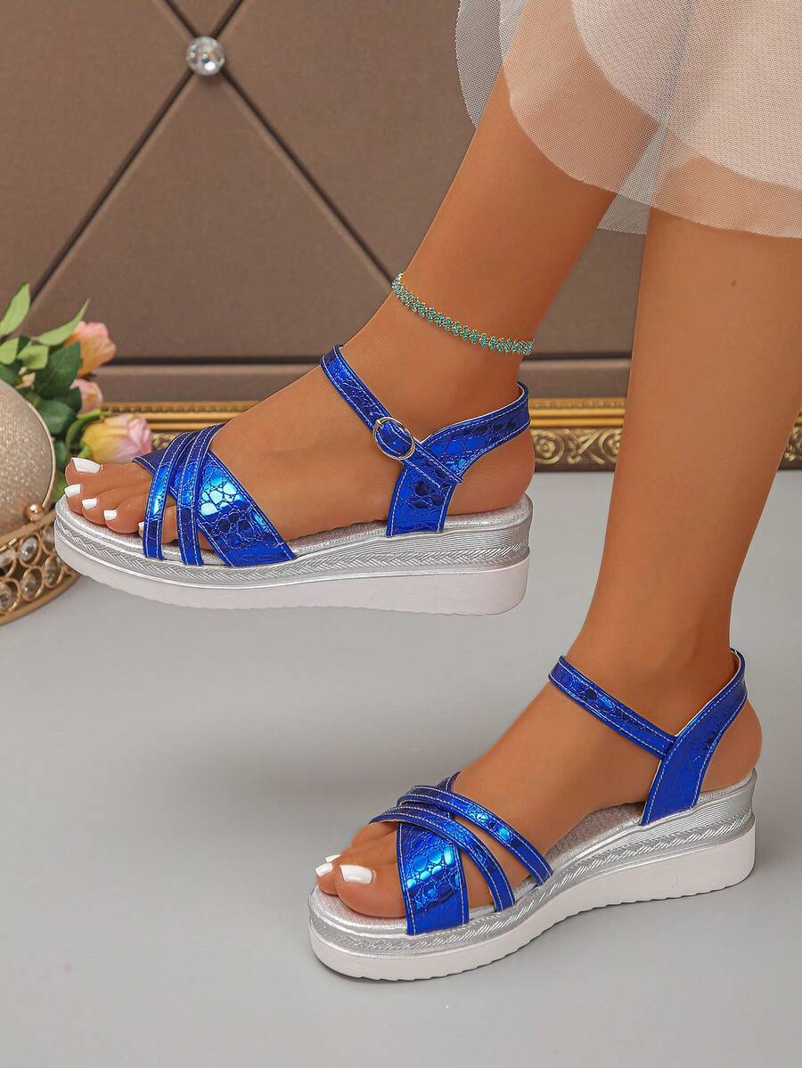 Women's Wedge Platform Sandals, Solid Color Beach Buckle Comfortable Versatile Height-Increasing Sandals, Summer New Style Vacation