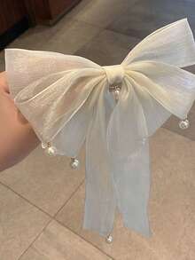 MH 1pc/2pcs Elegant Ribbon Bow Hair Clip Spring Clip Minimalist Mesh Pearl Pendant Hair Accessory Styling Tool,Claw Clips - Multicolor - View 6