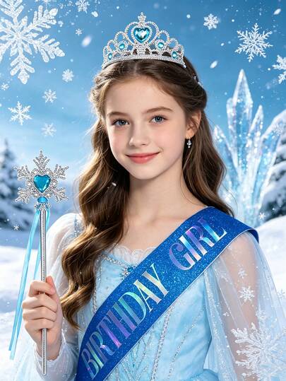 3件組 冰雪公主皇冠魔杖生日肩帶 藍色水鑽皇冠雪花仙女魔杖 生日女孩亮片歡迎肩帶 女孩生日派對裝扮配件