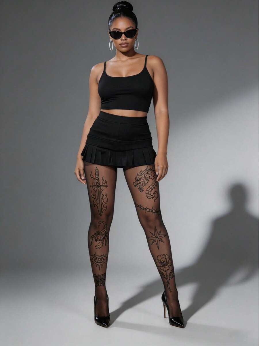 1 Pair Plus Size Women's Gothic Style Shaping Tights/Pantyhose, Unique Design - Multicolor - View 1