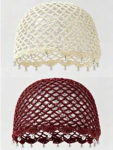 1pc Women's Fashion Lightweight Hollow Pearl Pendant Beaded Knit Hat, Suitable For Boho Beach Outings And Daily Wear - A - View 32