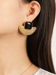 1Pair Retro Textured Fan Shaped Multicolor Square Earrings, European Style Women's Jewelry, Perfect For Party, Festival And Daily Wear - Black - View 2