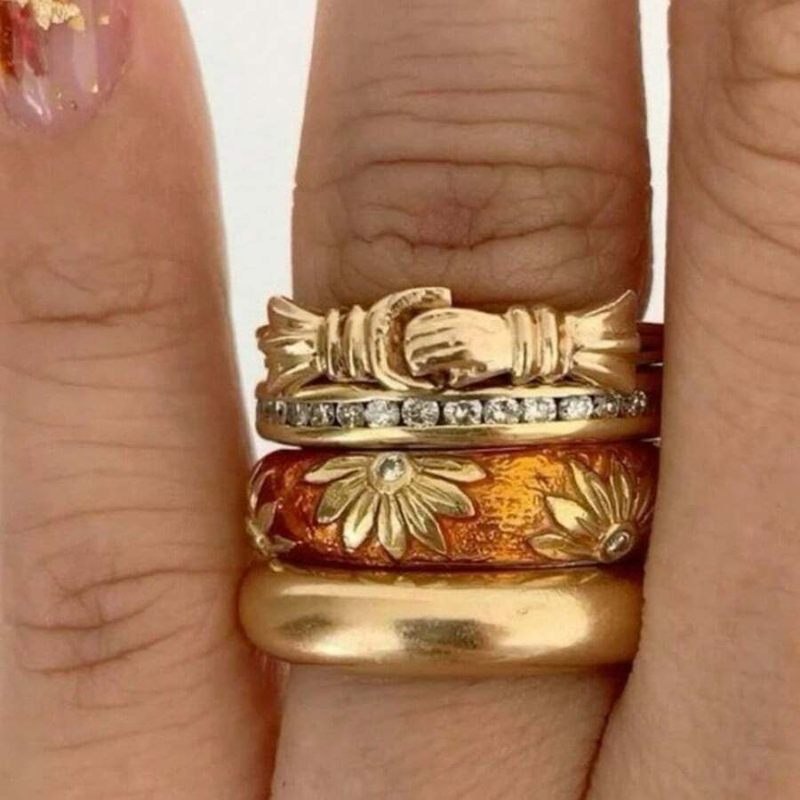 4件/組裝飾藝術手工雕花優雅戒指,奢華經典女款珠寶,適合日常穿搭、度假與宴會的完美配件 - 金色 - 查看 1