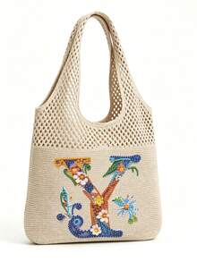LFIRSTL Women's Crochet Tote Bag | 26 Personalized Initial Options, Bohemian Floral Mesh Beach Bag, Large Capacity Knitted Shoulder Handbag, Suitable For Summer Vacation, Travel And Daily Commute - Khaki - View 30