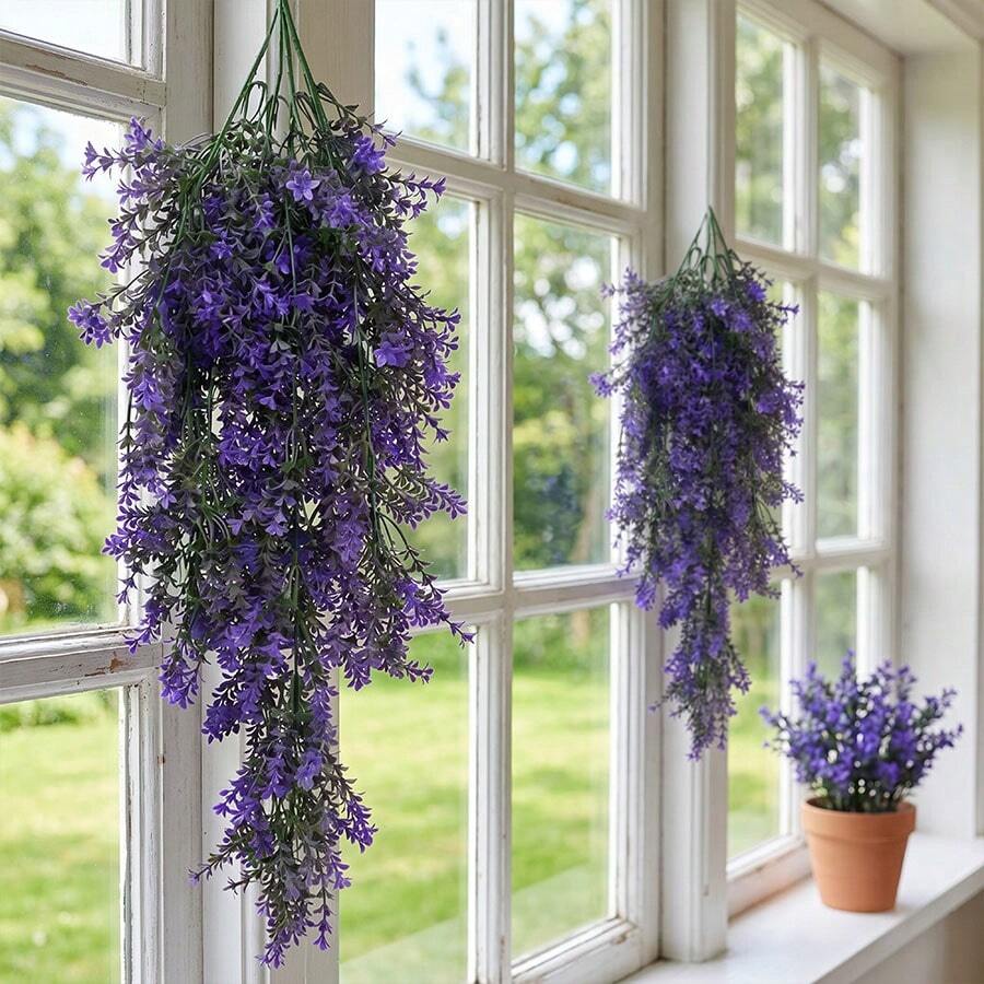 2 PCS Purple Hanging Lavender, UV-Resistant Plastic Flowers. Perfect For Porch, Yard, Flower Pots, Living Room, Balcony & Office. Great For Home, Wedding, Party And Holiday Decor. All-Season, Maintenance-Free For Indoor And Outdoor Use.