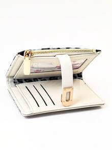 Classic Fashion Leopard Print Patchwork Short Wallet, Handheld PU Exquisite Buckle Card Holder ID Organizer, Compact And Lightweight - Black and White - View 7