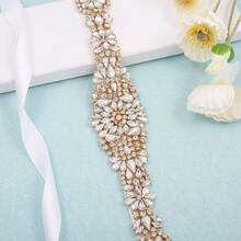 1pc Handmade Rhinestone Bridal Belt, Women's Rhinestone Wedding Dress Accessory - Gold Applique + White Ribbons - View 2