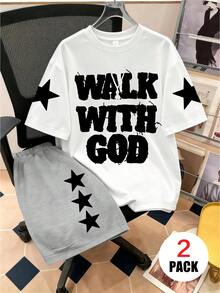 2pcs/Set Boys Outfit, Loose Top With "WALK WITH GOD" And Star Pattern + Sports Shorts, Comfortable And Soft, Suitable For Summer And Sports - Multicolor - View 3