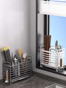 1pc 2/3 Slot Stainless Steel Chopstick Holder With Drip Tray, Durable Utensil Drying Rack, Practical Storage Organizer, Suitable For Home And Dorm, Sturdy Functional Accessory, Keeps Kitchen Utensils Neat And Dry - Multicolor - View 8