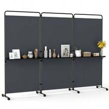 3-Panel Room Divider With Shelves 6 FT Tall Folding Privacy Screen With Lockable Wheels-Gray-XY106421 - FXCXQSJUXFPEX - View 3