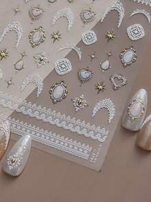 Autocollants pour ongles d'été avec motif de dentelle vintage baroque en relief, décoration d'ongles minimaliste avec cœur français et gemme - Multicolore - Voir 1