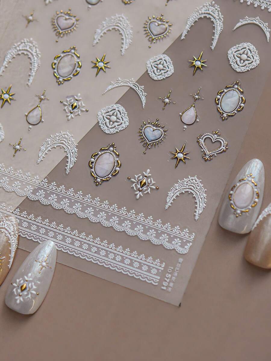 Autocollants pour ongles d'été avec motif de dentelle vintage baroque en relief, décoration d'ongles minimaliste avec cœur français et gemme - Multicolore - Voir 1