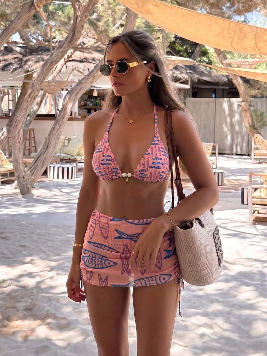 海洋風 3 件組女款泳衣套裝-性感比基尼上衣、俏皮泳褲與飄逸罩裙,適合熱帶度假、海灘夏季旅行 - 橘色 - 查看 1