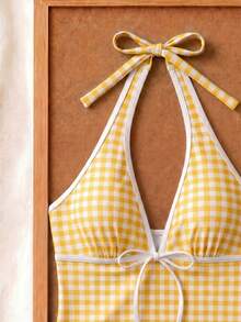 Set Bikini Model Halter Neck Motif Kotak-kotak Kuning & Putih Terbaru untuk Musim Panas, Manis dan Imut, Cocok untuk Liburan Pantai Santai - MultiWarna - View 5