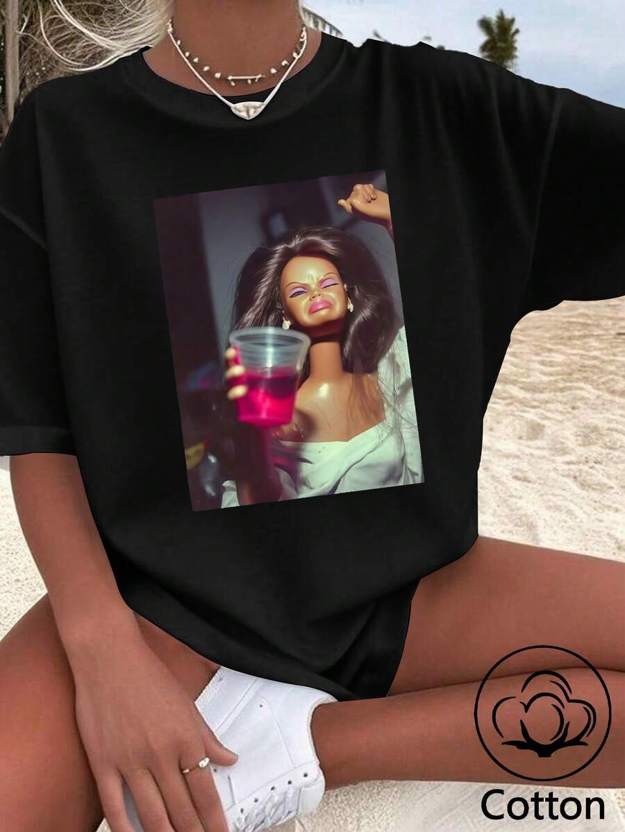 T-shirt estiva a maniche corte da donna, maglietta ampia taglie forti, tessuto in maglia di cotone, stile urbano moderno - nero - Visualizzare 1