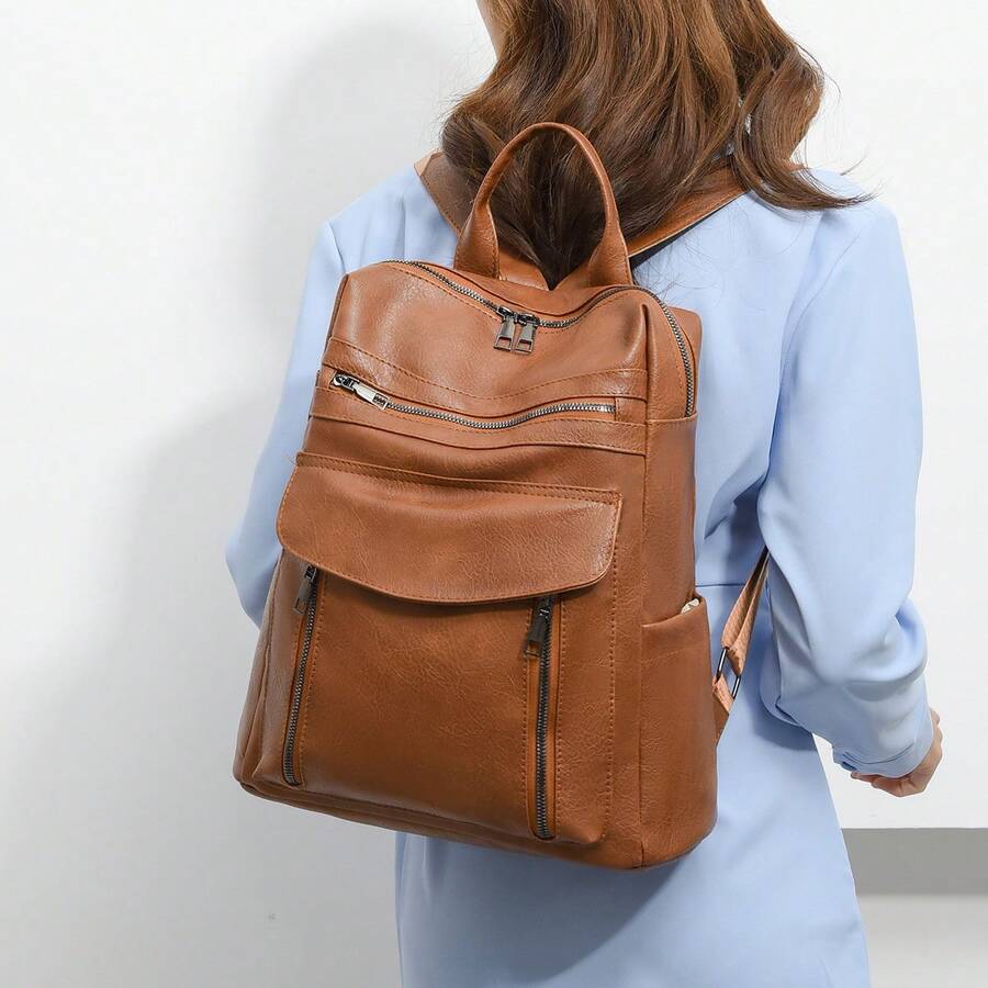 LECEY 1pc Large Capacity Fashion Minimalist Patchwork Women's Backpack Suitable For Travel And Daily Use - Brown - View 1