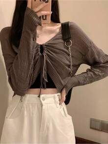 夏の婦人服コーナー：夏の韓国ファッション婦人服、ショート丈の日焼け止めカバーアップ、女性用夏物フレンチスタイルキャミソール、セクシーな薄手のトップス、音楽フェスティバル向けドーパミンカラーの新作万能スイート＆スパイシーなトップス - ブラウン(一枚) - チェックする 3
