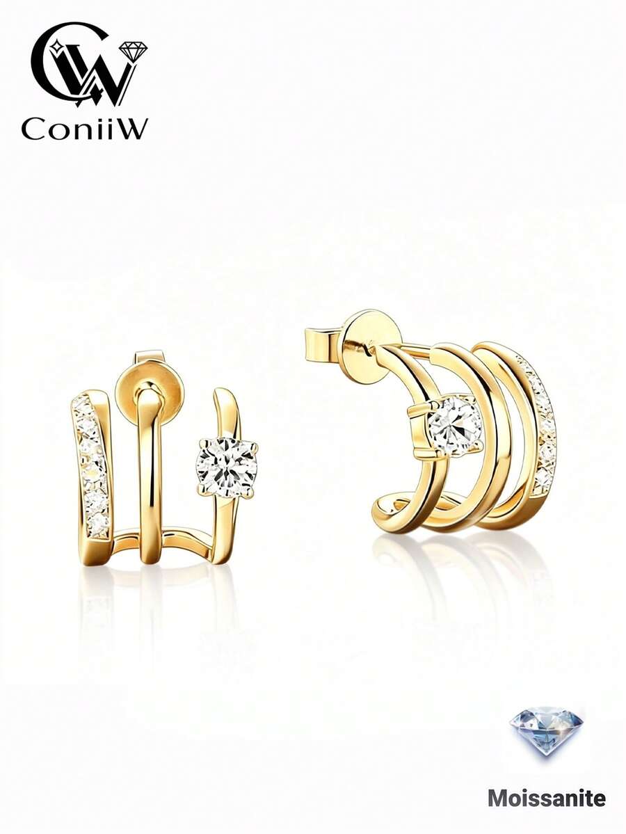 ConiiW Une paire de boucles d'oreilles géométriques semi-ouvertes à trois brins en argent sterling 925 avec moissanite, unisexes, parfaites comme cadeau pour votre petite amie, pour les fêtes ou les rendez-vous