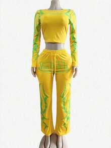 Spice Girls Autumn and Winter Sports Printing Contrast Color Casual Fashion Suit Women's Two-Piece Set - Amarillo - Ver 2