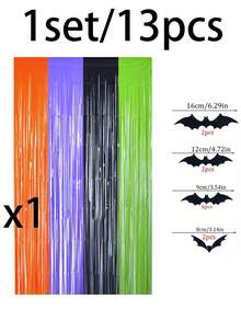 2/4pcs Halloween Foil Fringe Curtain, 4 Colors Optional, Selfie Props, Includes 12pcs C-Shaped Bat Stickers, Halloween Indoor And Porch Decoration, Thriller Party Wall Decals - Multicolor - View 10