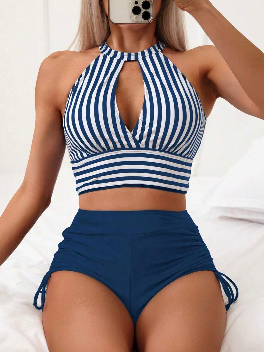Swim Basics Striped Bikini Swimsuit With Side Drawstring Opening - Multicolor 3 - View 1