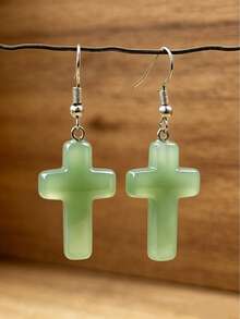 1 par de pendientes elegantes con colgante de cruz de aventurina verde, cristal natural de curación energética, joyería de estilo bohemio para uso diario, regalo de Pascua/Navidad - Multicolor - Ver 2
