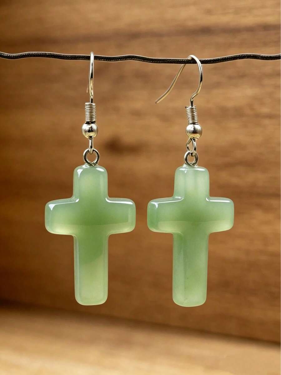 1 par de pendientes elegantes con colgante de cruz de aventurina verde, cristal natural de curación energética, joyería de estilo bohemio para uso diario, regalo de Pascua/Navidad