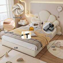 Flieks Double Bed Upholstered Bed, Headboard With Curved Petals, Simple, Stylish And Comfortable, Modern Bed Frame, Velvet, Beige, 140x200cm - Beige - View 4