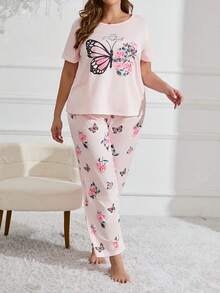 Plus Size Casual Comfortable Butterfly Print Short Sleeve & Long Pants Women's Loungewear 2 Pieces Set Pajamas - Pink - View 6