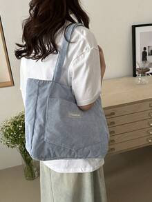 Corduroy Large Capacity Solid Color Minimalist Tote Bag - Baby Blue - View 3