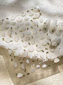 1 Sheet 5D Embossed Seashell Nail Stickers, Golden Foil Edge Green Rhinestone Summer Sea Shell Nail Art Decals Ocean Theme Self-Adhesive DIY Manicure Decorations - Multicolor - View 4