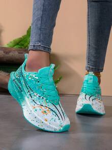 Women Color Splatter Graffiti Print Running Sneakers, Breathable Mesh Upper Cushioned Speckled Thick Sole Athletic Shoes, Lightweight Lace Up Sport Trainers For Jogging Daily Workout - Blue - View 5