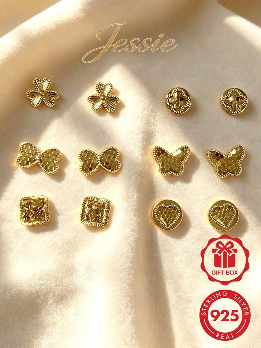 Jessie Jewelry 1對優雅可愛小巧 925銀 14K錘紋四葉草設計耳環,適合女性約會、派對、送禮 - 金色 - 查看 1