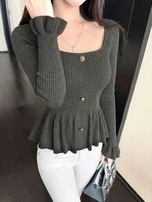 2026 Autumn/Winter New Sexy Ribbed Knit Top With Square Neckline, Waist Cinching Metal Button Decor, Flared Sleeve Slim Fit Sweater - Dark Gray - View 3