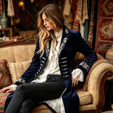 2026 Women's Autumn/Winter Long-Sleeved Patchwork Lace Velvet Mid-Length Coat, Slim Fit, Stylish Blazer - Navy Blue - View 2
