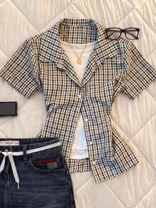 ENGU CO. Chemise à carreaux à manches courtes style Y2K décontractée rétro douce & cool pour femmes, nouvelle collection d'été - Multicolore - Voir 8