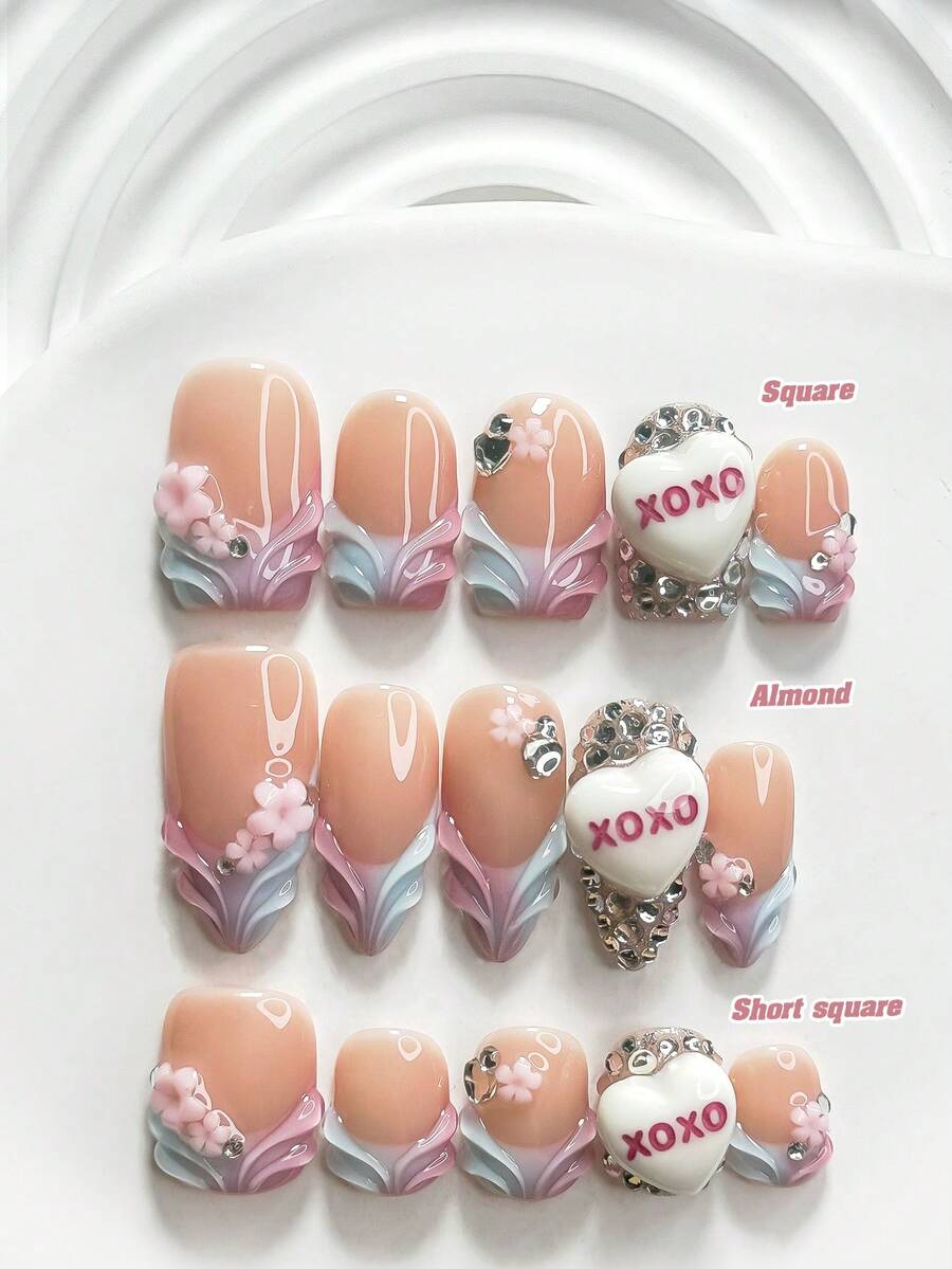 10pcs Dreamy Girl Style Handmade Press-On Nails, Polygel Nail Set, Ditsy Floral, 3D White Heart, Pink And Blue Nail Polish, Sweet Style, Includes Nail Tools, 3 Sizes Available, Square, Short Square, Almond Shape, Suitable For Party, Dancing, Daily Wear - 彩色 - 查看 1