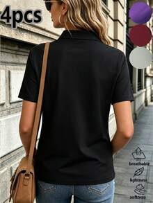 4pcs Women's Slim Fit Polo Collar T-Shirts, Solid Color Short Sleeve, Suitable For Commuting, Casual, Golf, Tennis, Outdoor Activities, Home, Travel - Multicolor - View 3