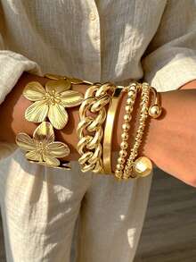 Juego de 6 pulseras anchas y gruesas exageradas de cadena cubana de metal pulido, diseño minimalista elegante y exquisito con capas, estilo vintage, con cinta geométrica, flor, cuentas y diseño asimétrico, banda lisa CCB, para uso diario, citas, fiestas, vacaciones y regalo personalizado - Amarillo Oro - Ver 2