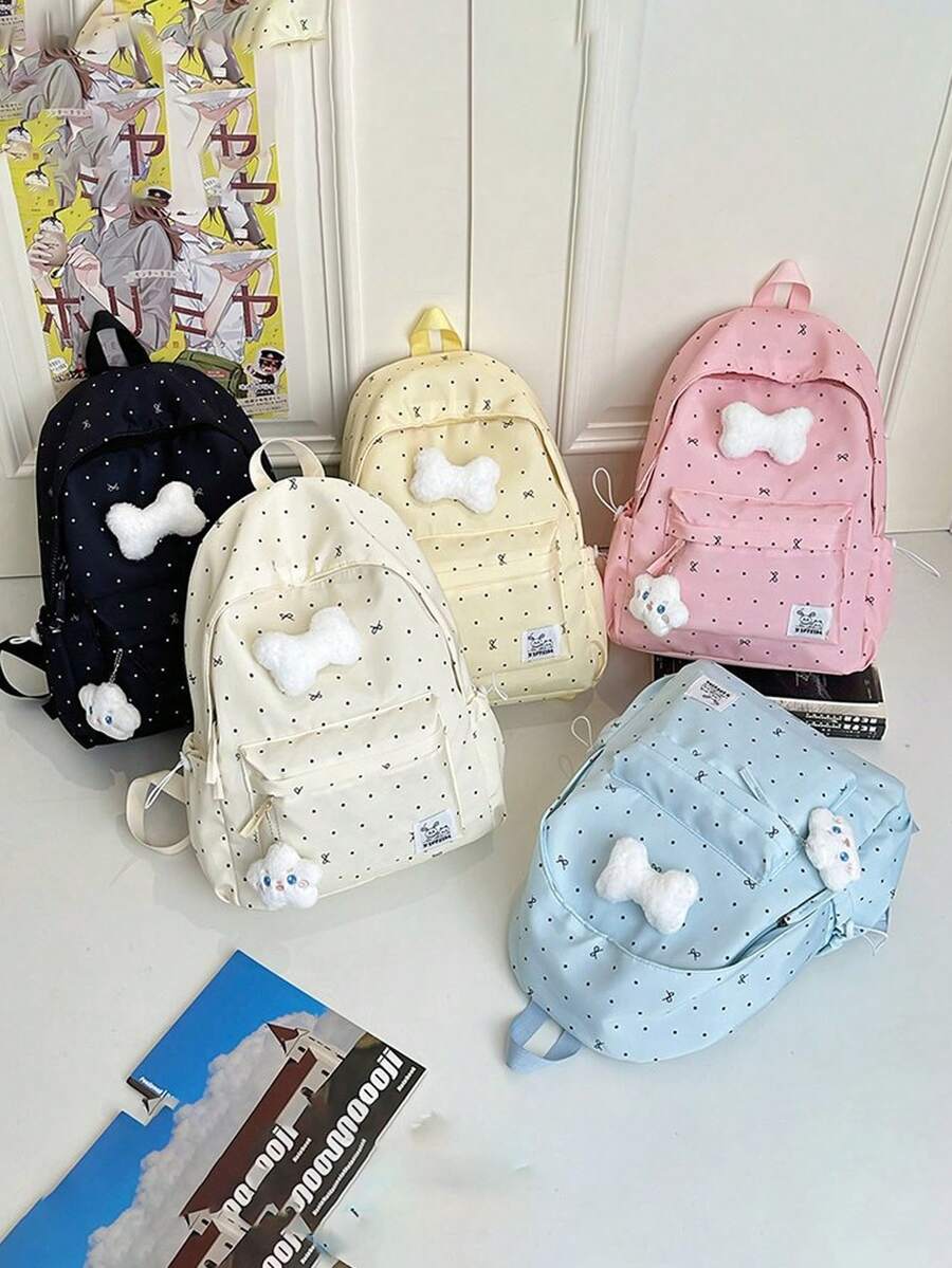 1/5pcs Girls Polka Dot Bow Backpack, Cute Fresh Highly Attractive, Versatile Student Bag, Suitable For Daily Use, School And Casual Outings, Lightweight Fashionable Shoulder Bag