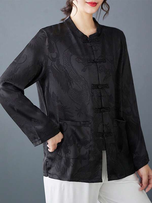LUCIDVUE 1pc Women's Tang Suit Chinese Style Black Dragon Pattern Casual Top Tea Ceremony Shirt Old Money Style Thin Jacket Summer