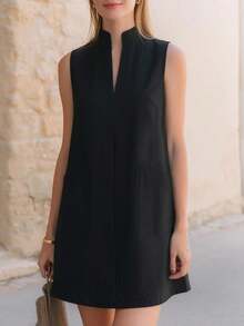 Vestido sin mangas negro de oficina, elegante, versátil y sencillo, con diseño de bolsillo grande y cuello en V, para primavera/verano - Negro - Ver 1