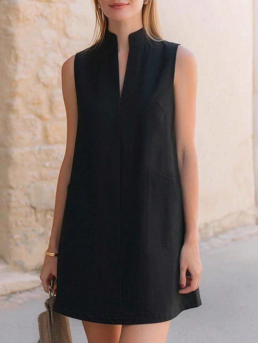Vestido sin mangas negro de oficina, elegante, versátil y sencillo, con diseño de bolsillo grande y cuello en V, para primavera/verano - Negro - Ver 1